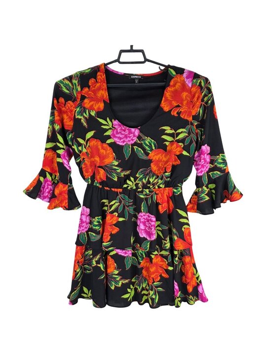 Express Dresses & Skirts - Womens Express Black Floral Print Ruffle Sleeve Dress Polyester Round Neck M